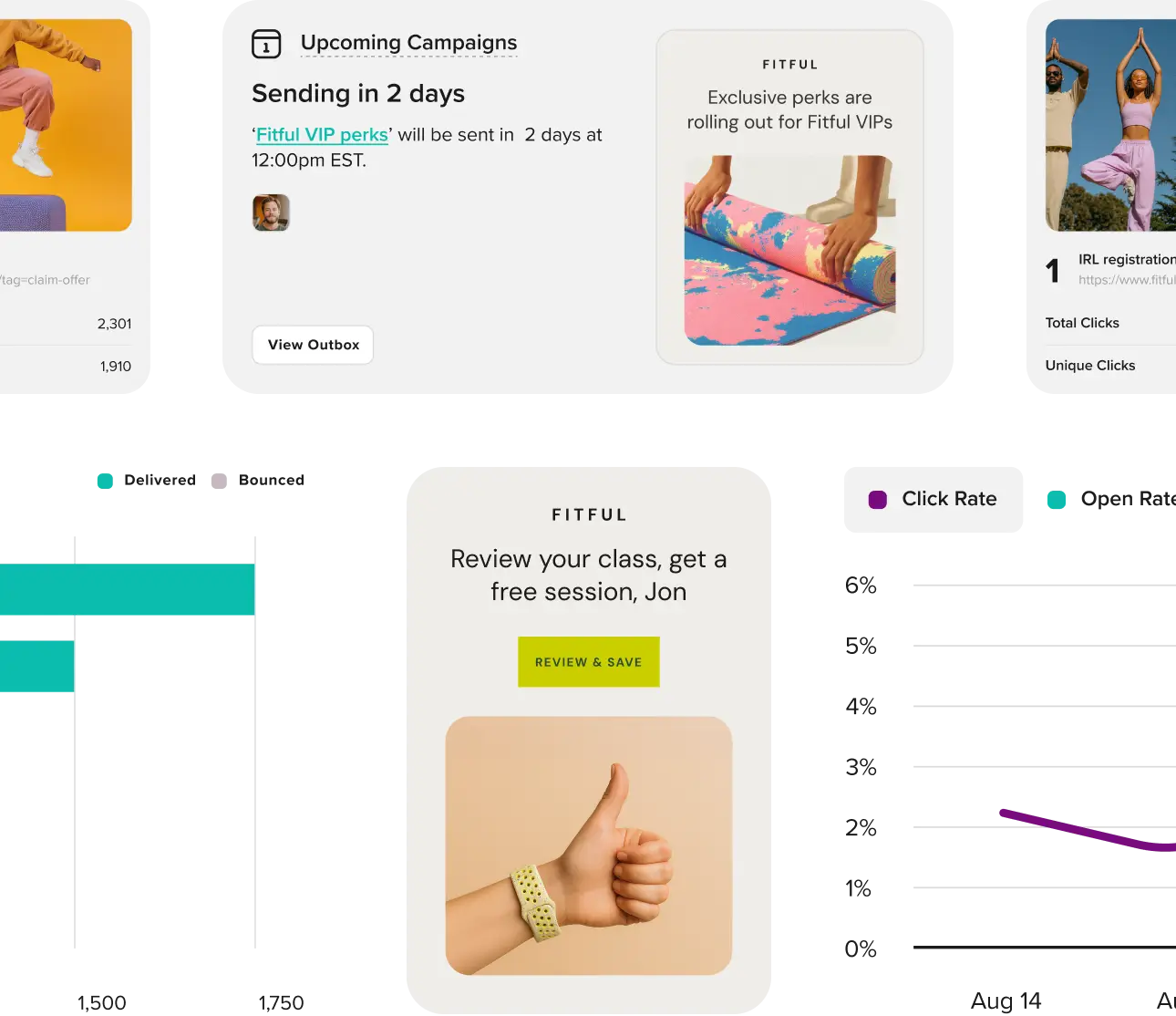 The Cakemail app: a campaign scheduled to send in two days, a designed email, and click-rate reporting.