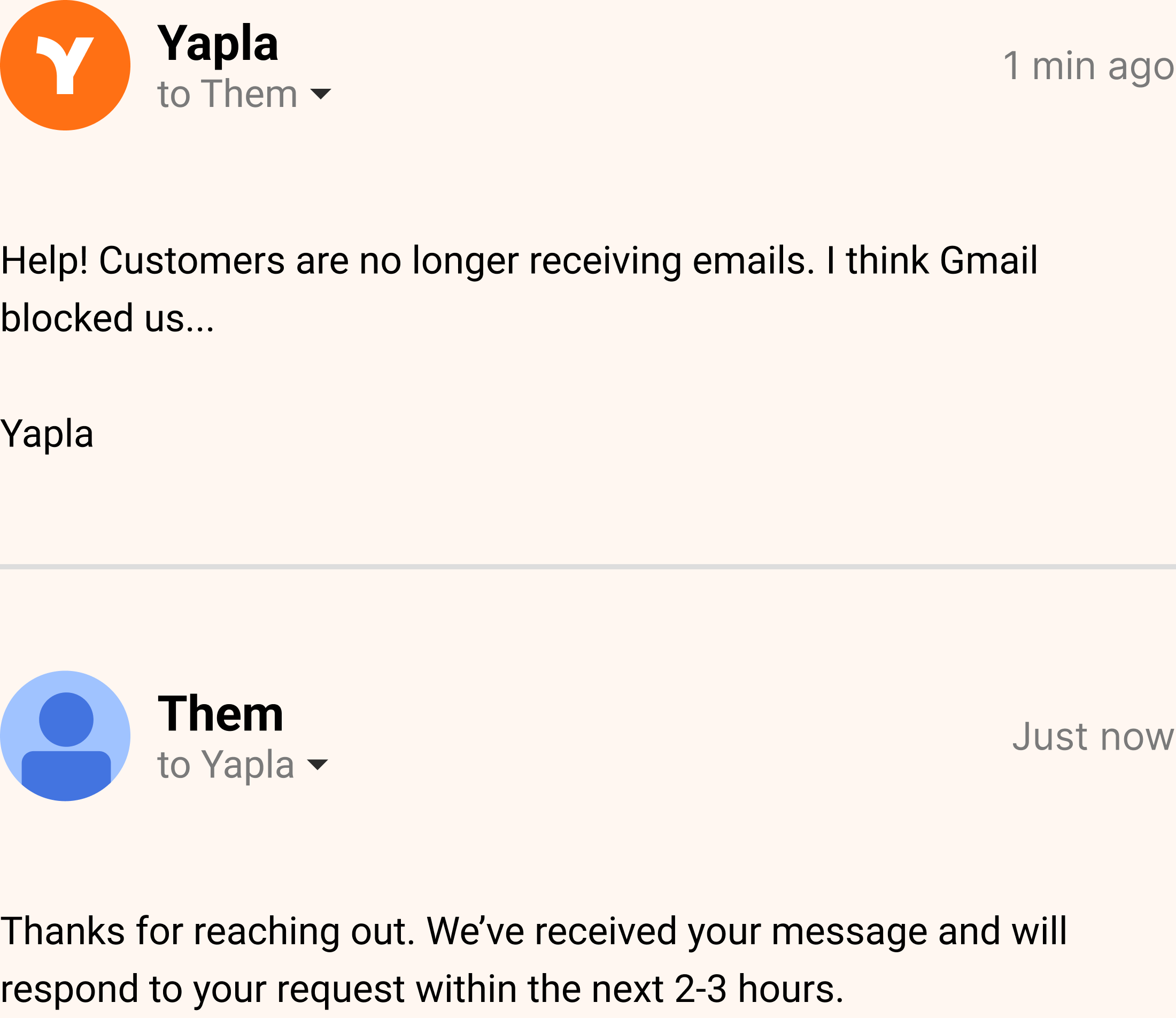A Yapla support ticket with an automatic reply.